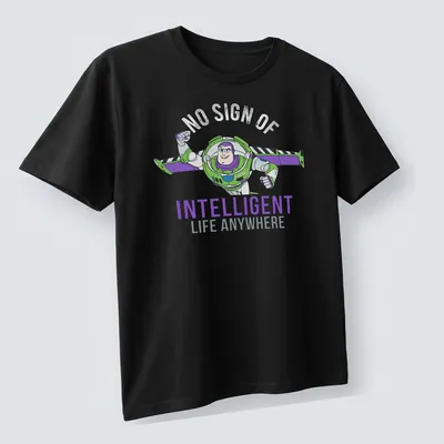 Cartoon Buzz Lightyear with text 'No Sign Of Intelligent Life Anywhere' on a space adventure t-shirt. — printed on a unisex t-shirt (angled view)