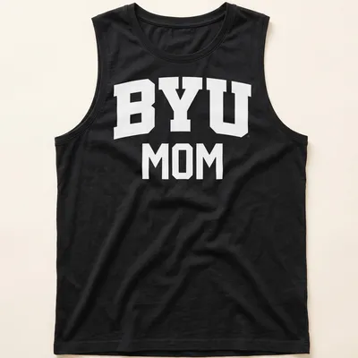 Bold typography BYU Cougars Mom t-shirt featuring white lettering — printed on a tank top