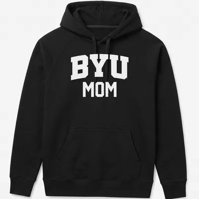 Bold typography BYU Cougars Mom t-shirt featuring white lettering — printed on a unisex hoodie