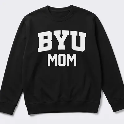 Bold typography BYU Cougars Mom t-shirt featuring white lettering — printed on a unisex sweatshirt