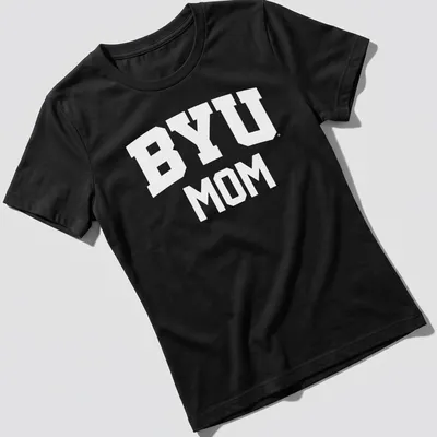 Bold typography BYU Cougars Mom t-shirt featuring white lettering — printed on a women's shirt