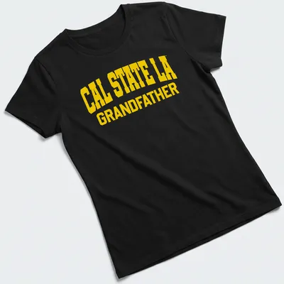 Bold collegiate Cal State LA Grandfather t-shirt in yellow. — printed on a women's shirt