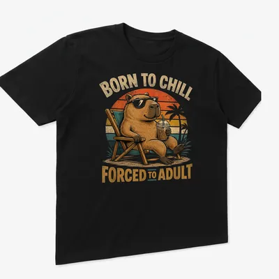 Vintage retro capybara graphic t-shirt with humorous text — printed on a unisex t-shirt (angled view)