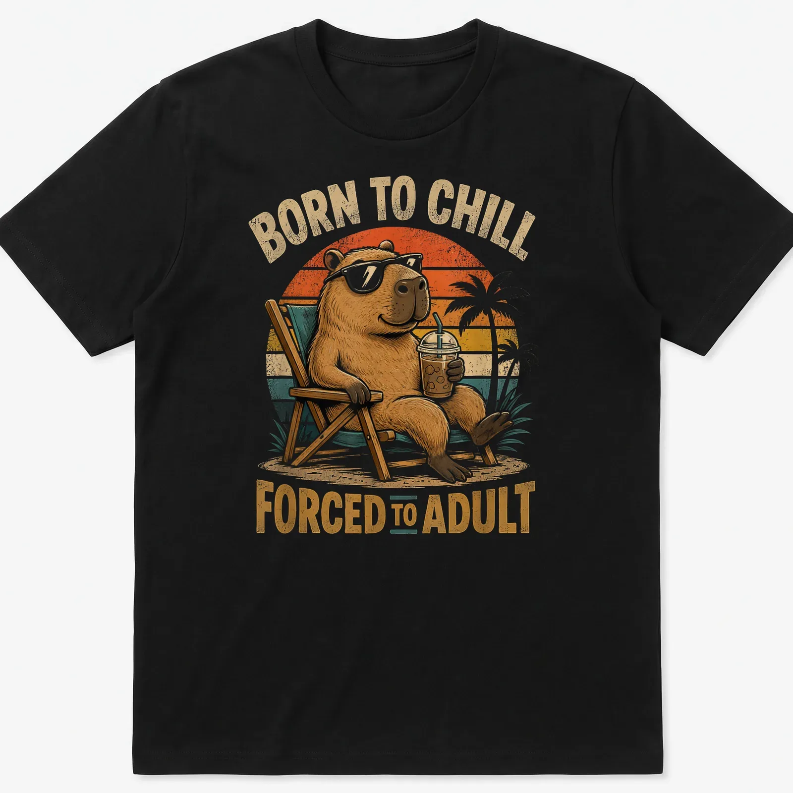 Vintage retro capybara graphic t-shirt with humorous text — printed on a unisex t-shirt