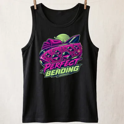 Vibrant retro graphic of a car with water beads and text 'PERFECT BEADING' — printed on a tank top