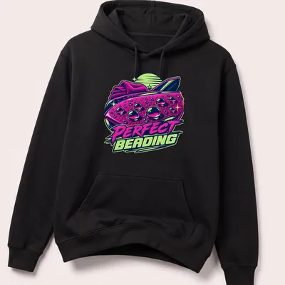 Vibrant retro graphic of a car with water beads and text 'PERFECT BEADING' — printed on a unisex hoodie