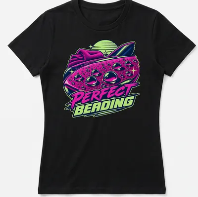 Vibrant retro graphic of a car with water beads and text 'PERFECT BEADING' — printed on a women's shirt