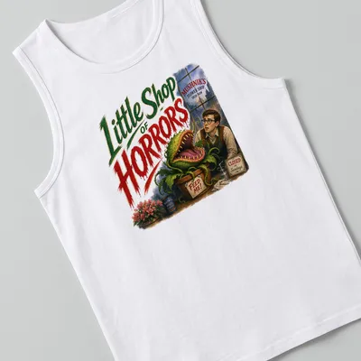 Vintage illustration of a carnivorous plant with text referencing Little Shop Of Horrors — printed on a tank top