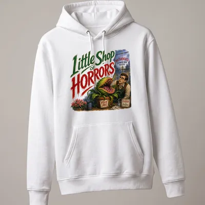 Vintage illustration of a carnivorous plant with text referencing Little Shop Of Horrors — printed on a unisex hoodie