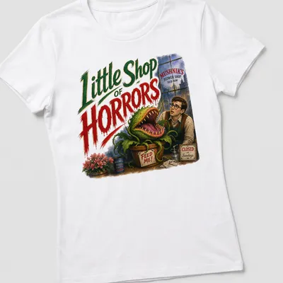 Vintage illustration of a carnivorous plant with text referencing Little Shop Of Horrors — printed on a women's shirt