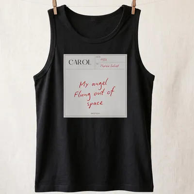 Minimalist t-shirt featuring white text saying 'My angel Flung out of space' on a red background — printed on a tank top