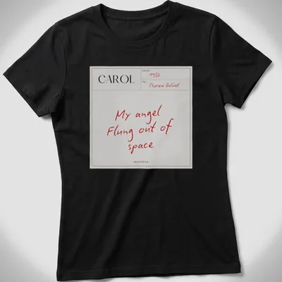 Minimalist t-shirt featuring white text saying 'My angel Flung out of space' on a red background — printed on a women's shirt
