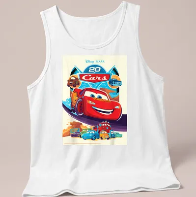 Vintage cartoon T-shirt featuring Lightning McQueen and Cars characters — printed on a tank top