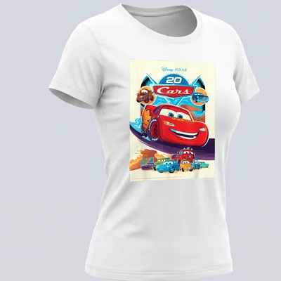 Vintage cartoon T-shirt featuring Lightning McQueen and Cars characters — printed on a women's shirt