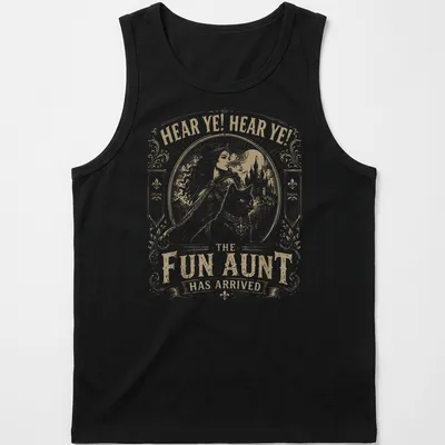 Vintage print of a cat knight with text proclaiming the fun aunt has arrived — printed on a tank top