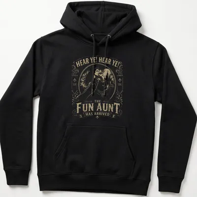 Vintage print of a cat knight with text proclaiming the fun aunt has arrived — printed on a unisex hoodie