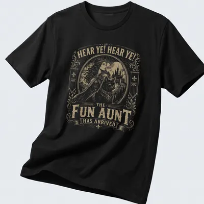 Vintage print of a cat knight with text proclaiming the fun aunt has arrived