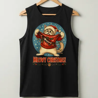 Vintage illustration of a cat in a Christmas sweater with festive colors and text — printed on a tank top