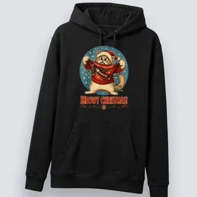 Vintage illustration of a cat in a Christmas sweater with festive colors and text — printed on a unisex hoodie