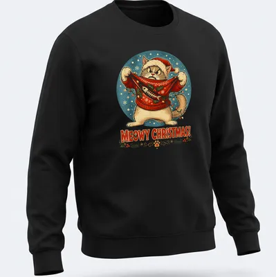 Vintage illustration of a cat in a Christmas sweater with festive colors and text — printed on a unisex sweatshirt