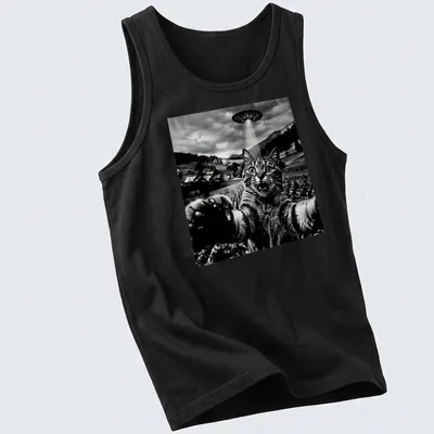 Retro graphic of a cat taking a selfie in front of a UFO in black, white, and gray — printed on a tank top