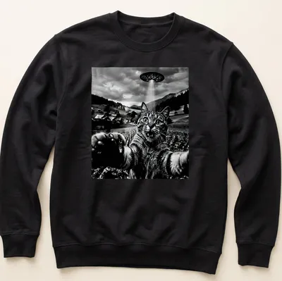 Retro graphic of a cat taking a selfie in front of a UFO in black, white, and gray — printed on a unisex sweatshirt