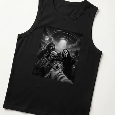 A humorous depiction of a cat taking a selfie with Bigfoot, skeleton, and alien in black and white — printed on a tank top