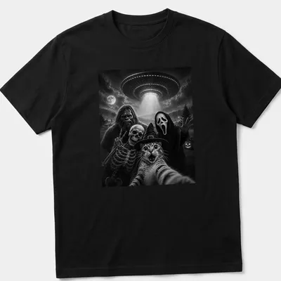 A humorous depiction of a cat taking a selfie with Bigfoot, skeleton, and alien in black and white