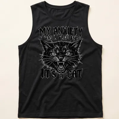 Heavy metal grunge T-shirt featuring a cat and the text about anxiety. — printed on a tank top