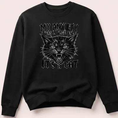 Heavy metal grunge T-shirt featuring a cat and the text about anxiety. — printed on a unisex sweatshirt