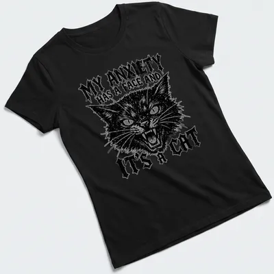 Heavy metal grunge T-shirt featuring a cat and the text about anxiety. — printed on a women's shirt