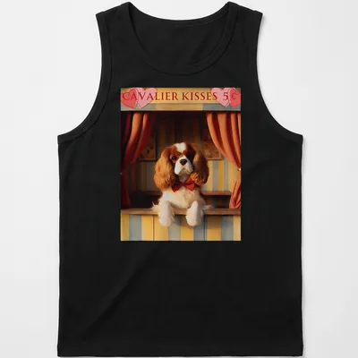 Vintage design featuring a Cavalier King Charles Spaniel wearing a bow tie above the text 'CAVALIER KISSES 5¢' — printed on a tank top
