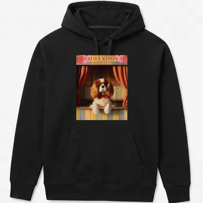 Vintage design featuring a Cavalier King Charles Spaniel wearing a bow tie above the text 'CAVALIER KISSES 5¢' — printed on a unisex hoodie