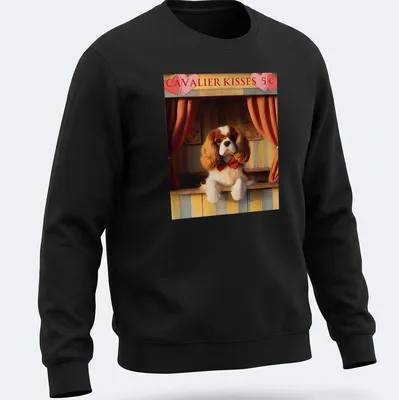 Vintage design featuring a Cavalier King Charles Spaniel wearing a bow tie above the text 'CAVALIER KISSES 5¢' — printed on a unisex sweatshirt