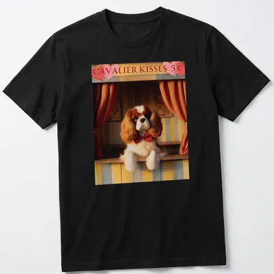 Vintage design featuring a Cavalier King Charles Spaniel wearing a bow tie above the text 'CAVALIER KISSES 5¢'
