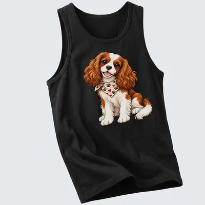 Cartoon Cavalier King Charles Spaniel with playful expression in brown, white, and cream — printed on a tank top
