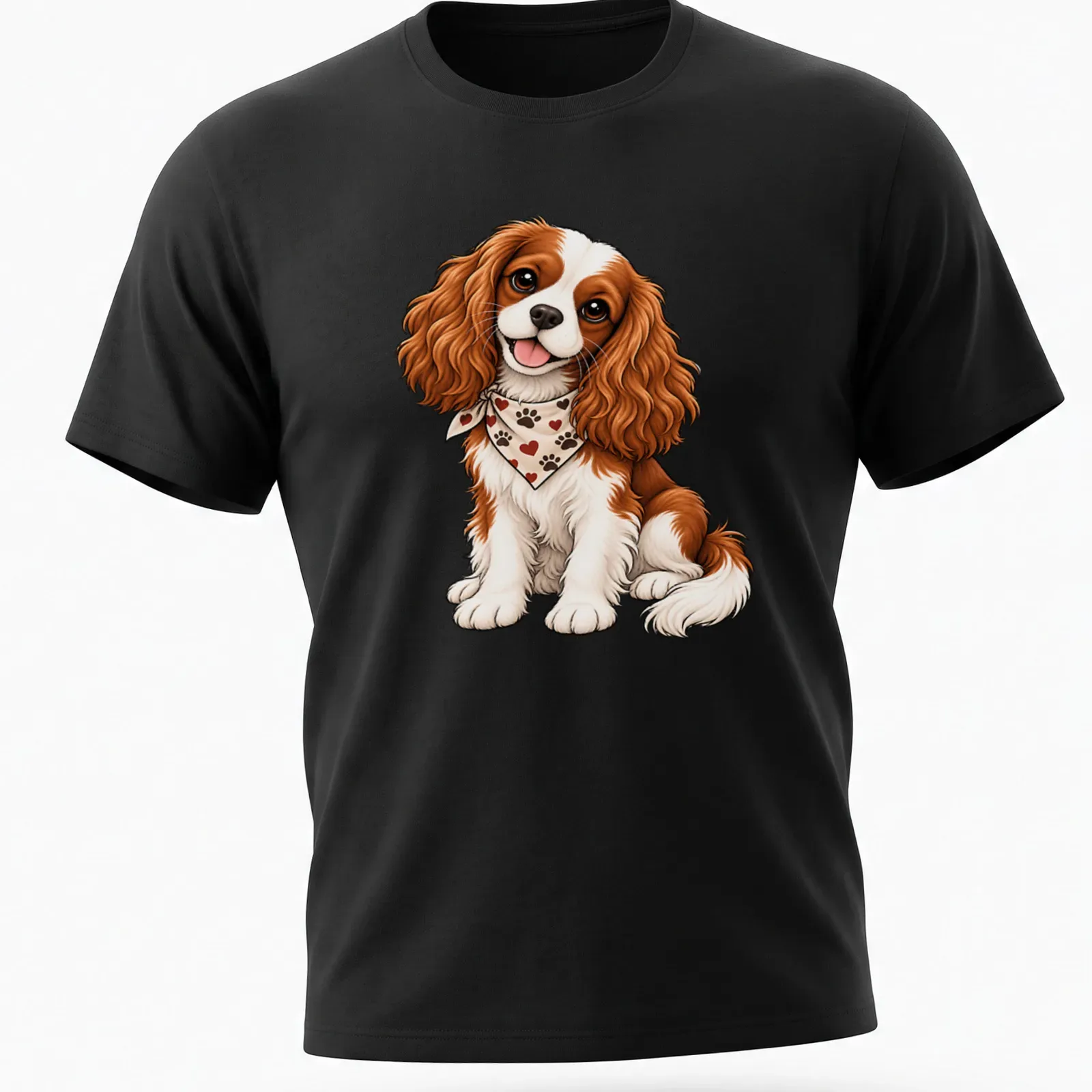 Cartoon Cavalier King Charles Spaniel with playful expression in brown, white, and cream — printed on a unisex t-shirt