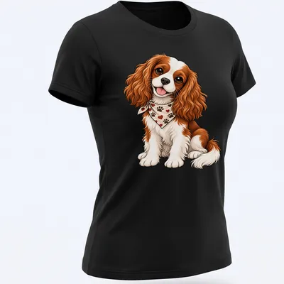 Cartoon Cavalier King Charles Spaniel with playful expression in brown, white, and cream — printed on a women's shirt