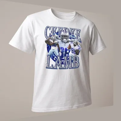 Dallas Cowboys retro t-shirt featuring CeeDee Lamb in blue and silver. — printed on a unisex t-shirt (angled view)