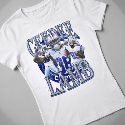 Dallas Cowboys retro t-shirt featuring CeeDee Lamb in blue and silver. — printed on a women's shirt