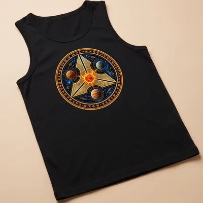 Cosmic design featuring Azh’Khar with planets and stars in rich colors — printed on a tank top