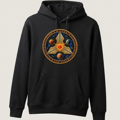 Cosmic design featuring Azh’Khar with planets and stars in rich colors — printed on a unisex hoodie