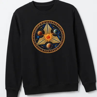 Cosmic design featuring Azh’Khar with planets and stars in rich colors — printed on a unisex sweatshirt