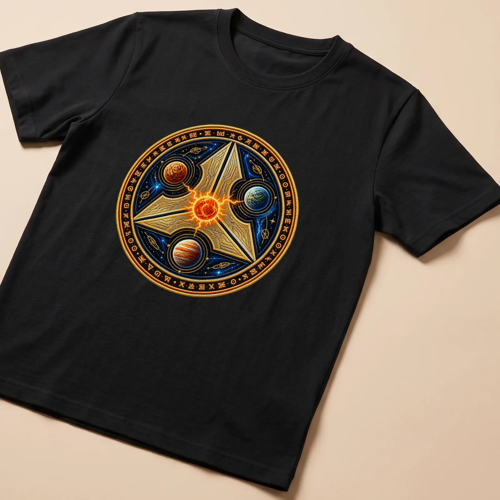 Cosmic design featuring Azh’Khar with planets and stars in rich colors — printed on a unisex t-shirt