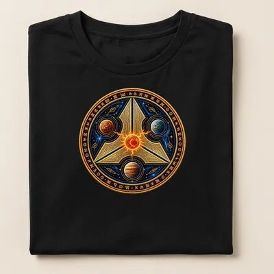 Cosmic design featuring Azh’Khar with planets and stars in rich colors — printed on a women's shirt