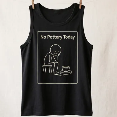 Minimal line art of a sad potter with text No Pottery Today — printed on a tank top