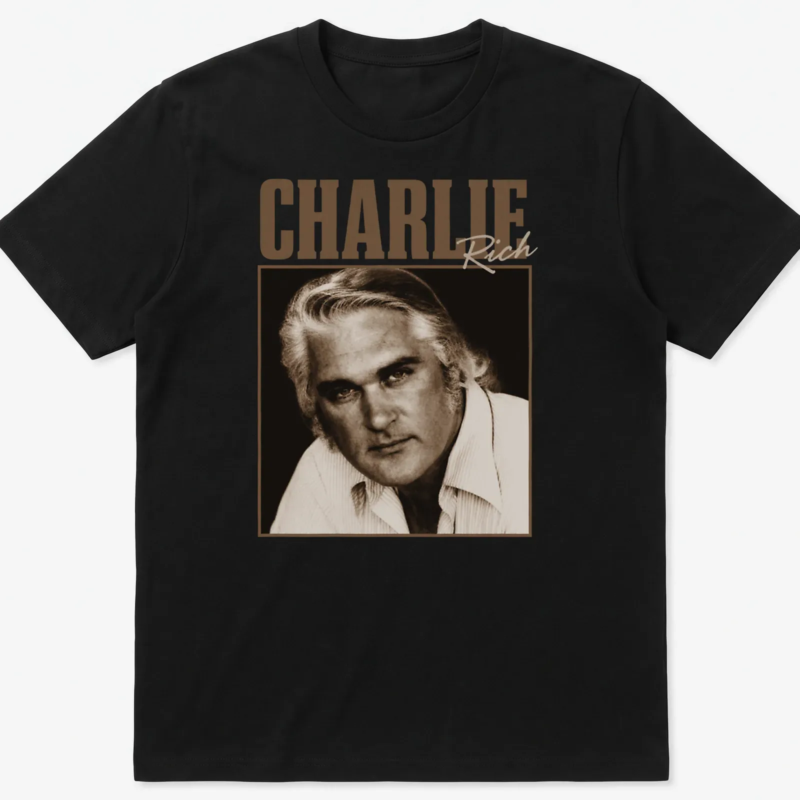 Vintage-style Charlie Rich t-shirt with classic lettering in warm tones — printed on a unisex t-shirt