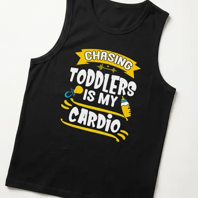 Playful design with text and toddler-related items for parents — printed on a tank top
