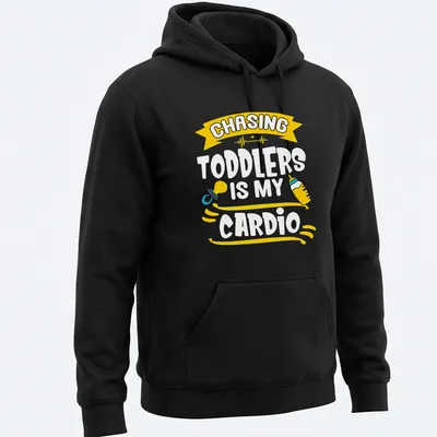 Playful design with text and toddler-related items for parents — printed on a unisex hoodie