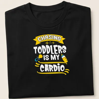 Playful design with text and toddler-related items for parents
